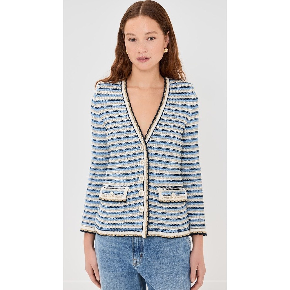 Veronica Beard Ceriani Knit Jacket Navy Blue Striped Metallic Cardigan M NWT